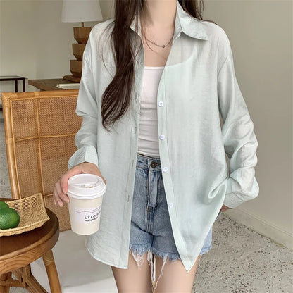 Breezy Button-Down Shirt for Women Long Sleeve Collared Lightweight Oversized Shirt Spring Summer Teenage Girl Basic Outfit