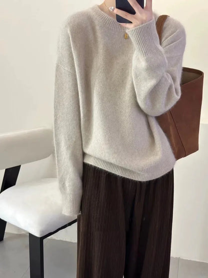 Original Autumn/Winter Thicken Loose Cashmere Sweater Women's Round Neck Pullover 100% Pure Wool Knit Sweater Soft Top Female