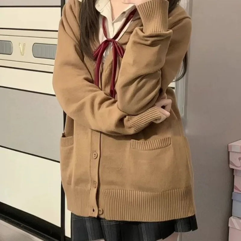 Cardigans Women Button-up Japan Style Students Long Sleeve Knitted Sweaters Loose All-match Autumn Winter Solid Color Pockets