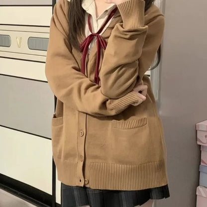Cardigans Women Button-up Japan Style Students Long Sleeve Knitted Sweaters Loose All-match Autumn Winter Solid Color Pockets