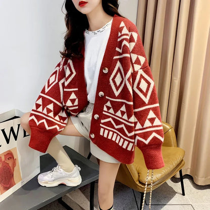 New Fashion Geometry Printing Knitted Caridgan Coat Autumn Winter Casual Loose Women Sweaters Office Lady Knitted Clothes