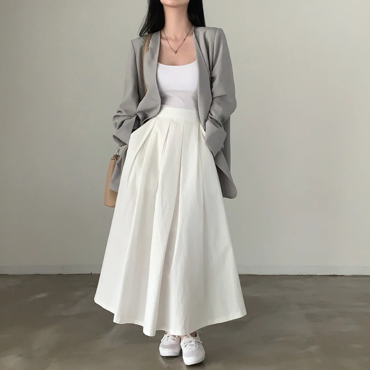 2024 Women Elegant White Long Skirts High Waist A-Line Cotton Maxi Skirts Women Casual Skirts