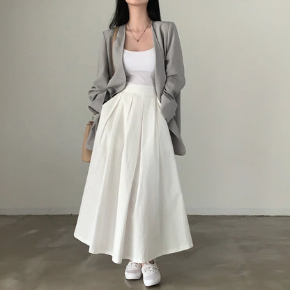 2024 Women Elegant White Long Skirts High Waist A-Line Cotton Maxi Skirts Women Casual Skirts