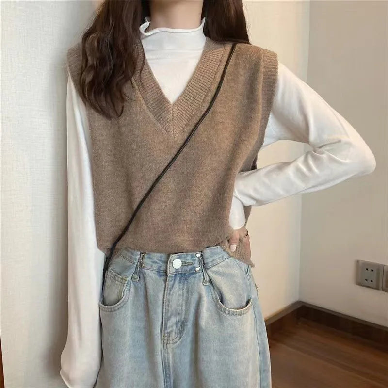 Xpqbb Spring Autumn New V-neck Knitted Vest Women Vintage Sleeveless Sweater Waistcoat Female Korean Chic Cropped Knit Tops