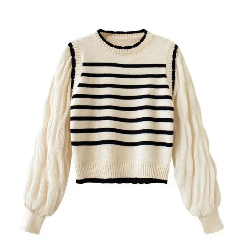 2025 Women Black and White Striped Fake Two-Piece Knitted Sweaters Autumn Winter Korean Soft Glutinous Pullover Sweater Female