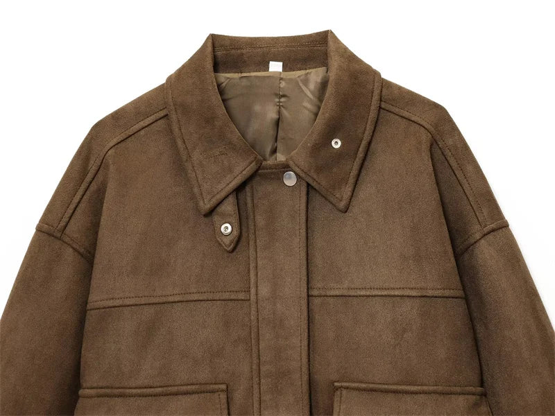 Women's Jacket New Fall 2025 Dark Brown Long Sleeve Bomber Jacket Pocket Decoration Casual Fashion Simple Personality