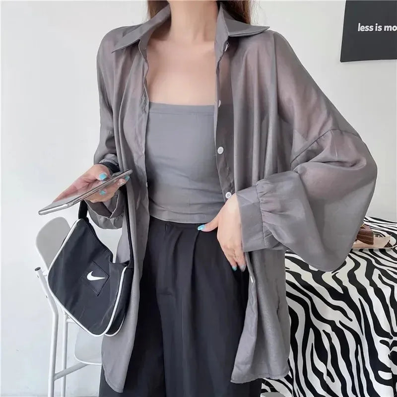 Oversized Shirt for Women Black White Thin Chiffon Collared Long Sleeve Button-Up Shirt Blouse Female Teen-girl Beach Cover Up