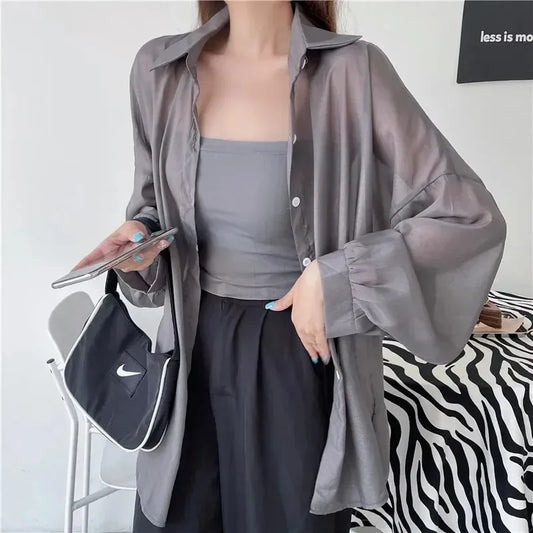 Oversized Shirt for Women Black White Thin Chiffon Collared Long Sleeve Button-Up Shirt Blouse Female Teen-girl Beach Cover Up
