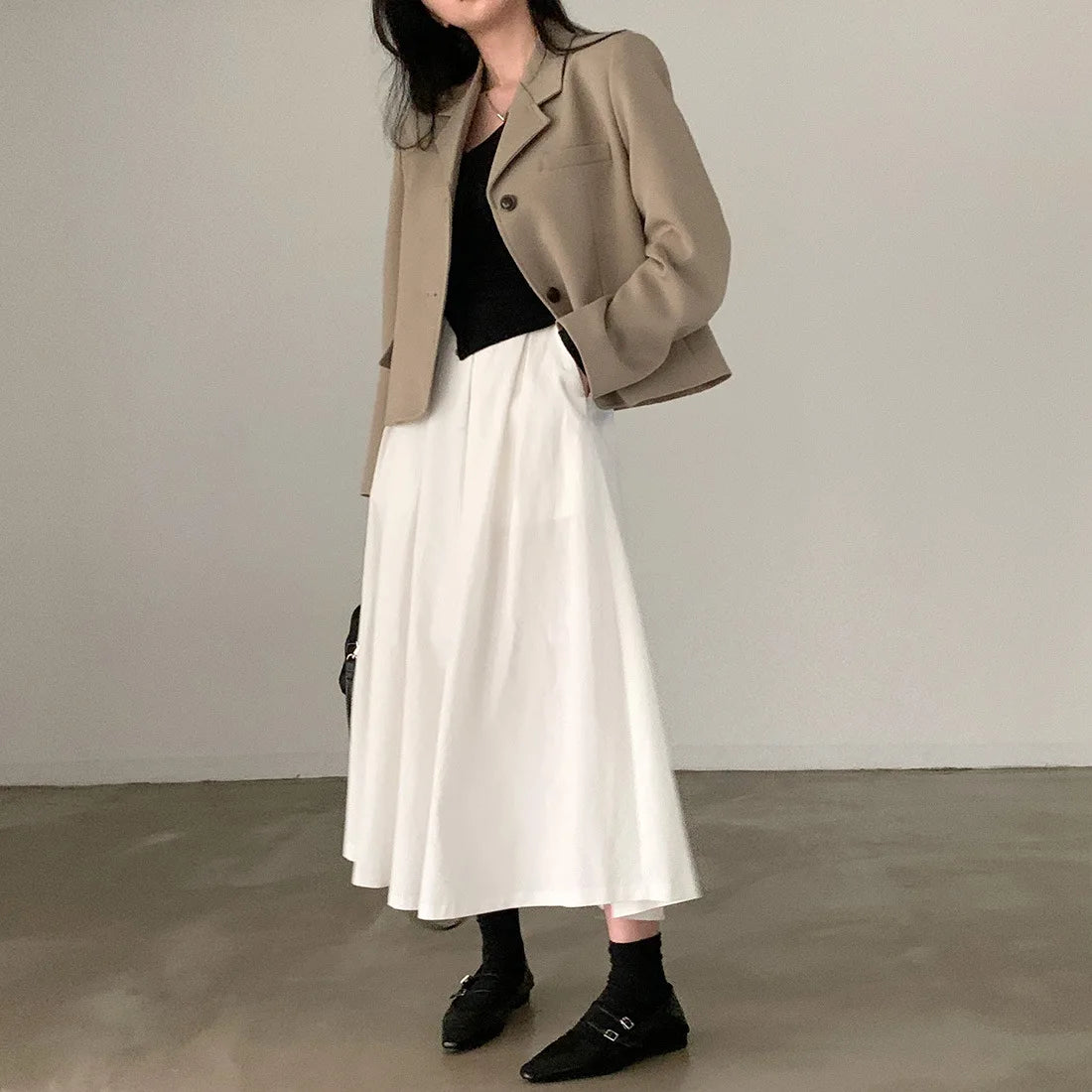 2024 Women Elegant White Long Skirts High Waist A-Line Cotton Maxi Skirts Women Casual Skirts