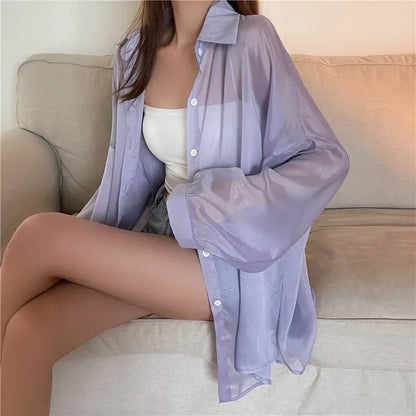 Oversized Shirt for Women Black White Thin Chiffon Collared Long Sleeve Button-Up Shirt Blouse Female Teen-girl Beach Cover Up