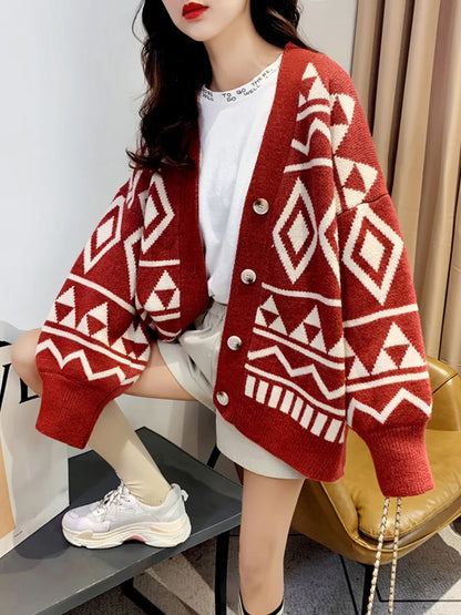 New Fashion Geometry Printing Knitted Caridgan Coat Autumn Winter Casual Loose Women Sweaters Office Lady Knitted Clothes