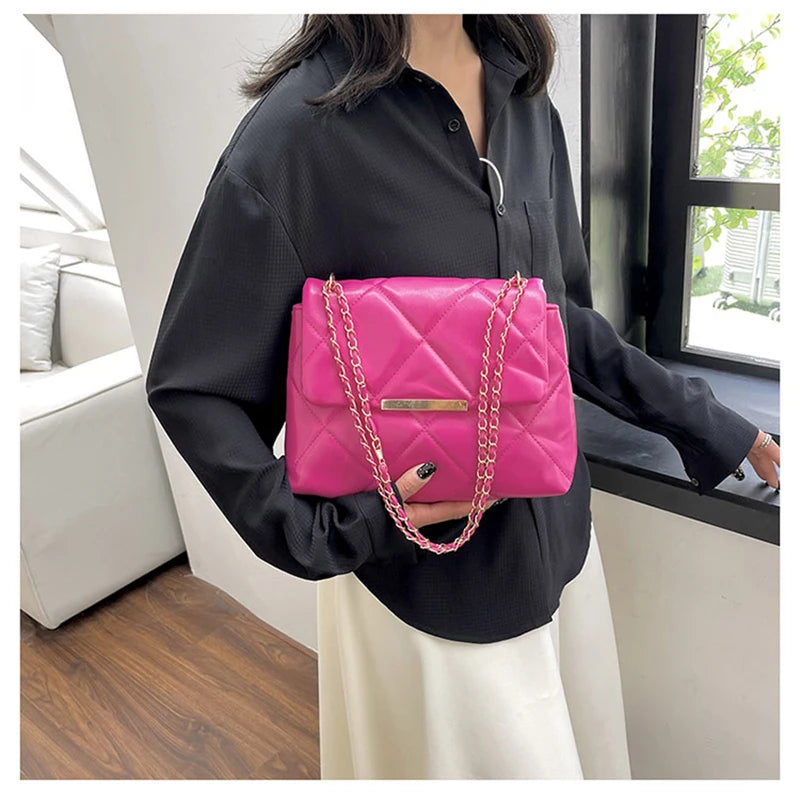 Plaid Thread Women Handbags Lady Underarm Shoulder Bag Large Capacity Commuting Tote Bag PU Leather Chain Strap Crossbody Bag