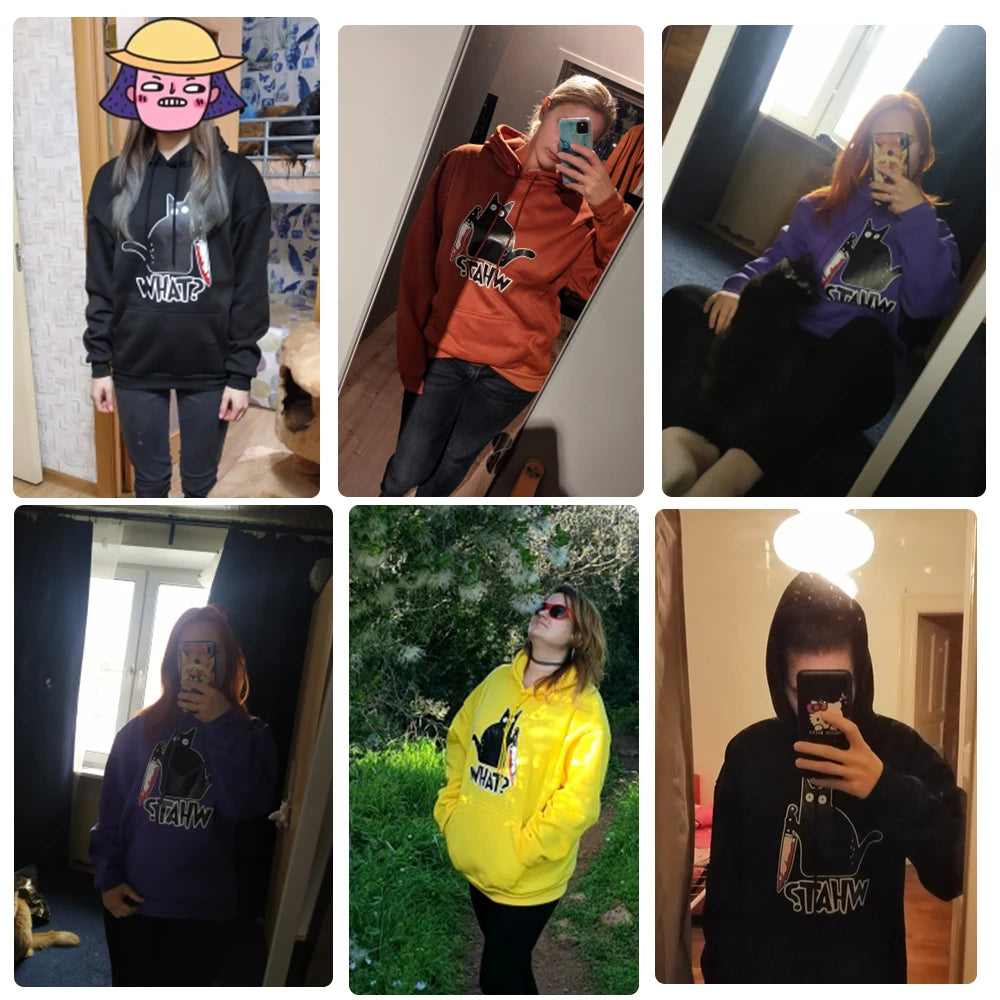 Hoody Little Black Cat And Knife Sweatshirt With Hooded Woman Oversized Aesthetic Hoodie Womens Winter Female Cats Hoodies