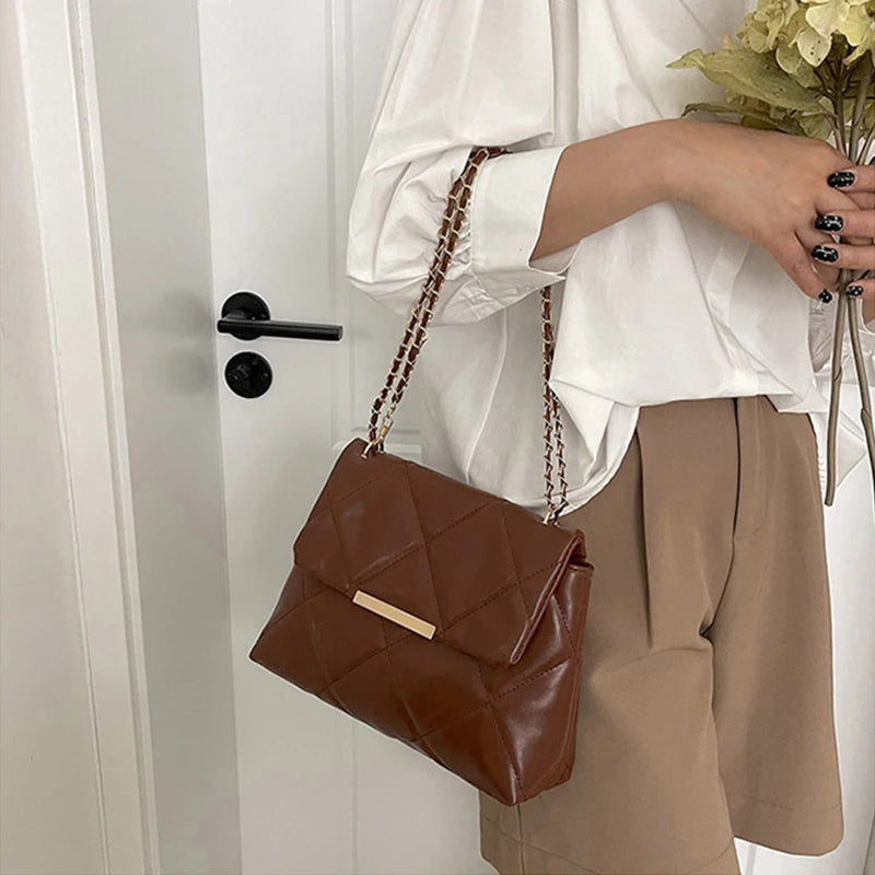 Plaid Thread Women Handbags Lady Underarm Shoulder Bag Large Capacity Commuting Tote Bag PU Leather Chain Strap Crossbody Bag