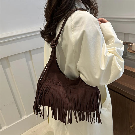 Vintage Fringe Crossbody Bag Fashion Suede Handbag Trendy Tassel Crescent Bag for Women  Fall