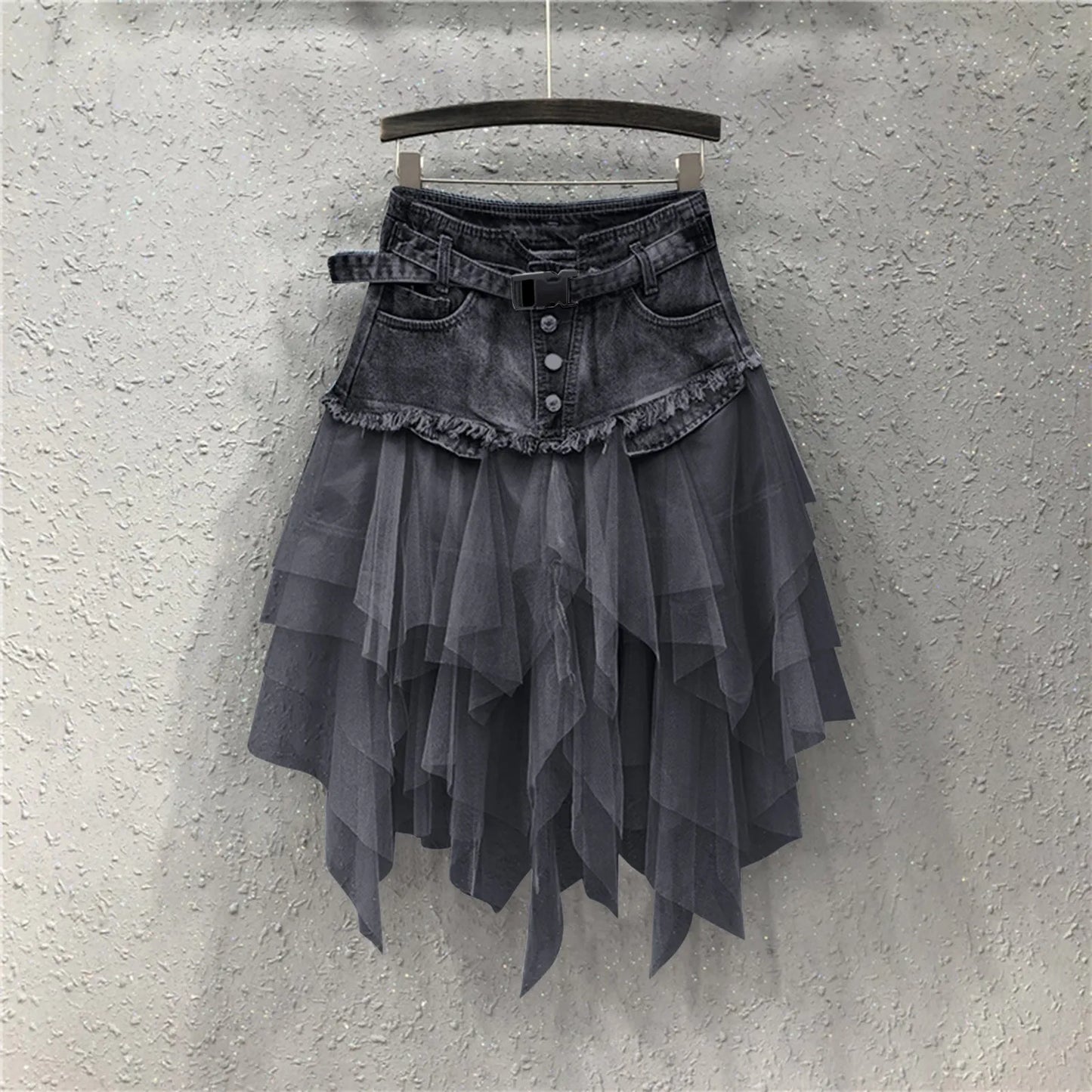 Punk Women Denim Skirts Mesh Patchwork Jean Skirt Y2K High Waist A Line Asymmetric Tulle Skirts Pleated Gothic Chic