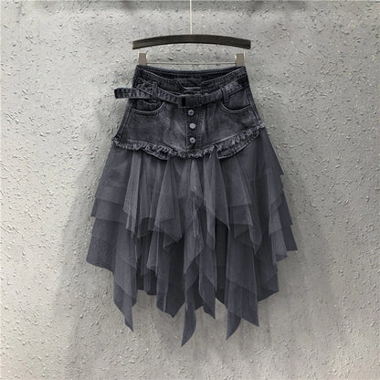 Punk Women Denim Skirts Mesh Patchwork Jean Skirt Y2K High Waist A Line Asymmetric Tulle Skirts Pleated Gothic Chic