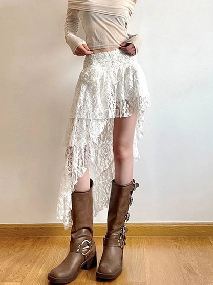 Zoki Sexy Bohemian Sweet Lace Skirt Women Elegant Irregular High Waist Skirt Vintage Korean Lady Casual Cute White A Line Skirts