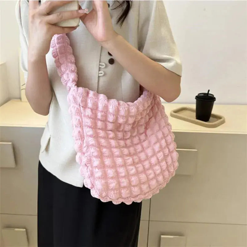 Crossbody Bag With Pleated Design Embroidered Plaid Shoulder Bag Underarm Bags Simple Large Capacity Quilted Tote Bags For Women