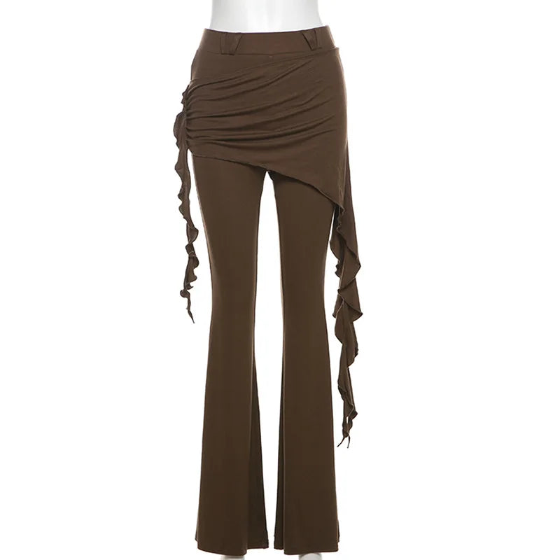 Casual Slim Folds Tie Flower Ruffles Flare Pants Casual Sexy Solid Mid-Waisted Wide Leg Pants Women 2024 Summer Fashion