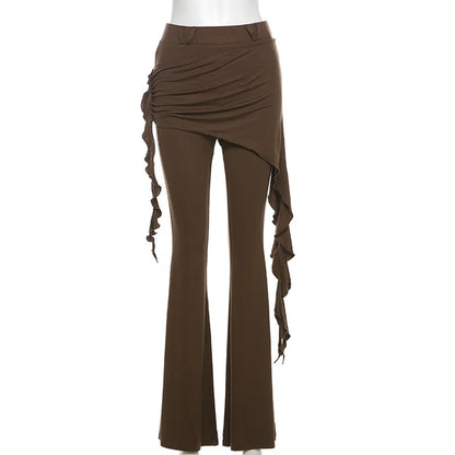 Casual Slim Folds Tie Flower Ruffles Flare Pants Casual Sexy Solid Mid-Waisted Wide Leg Pants Women 2024 Summer Fashion