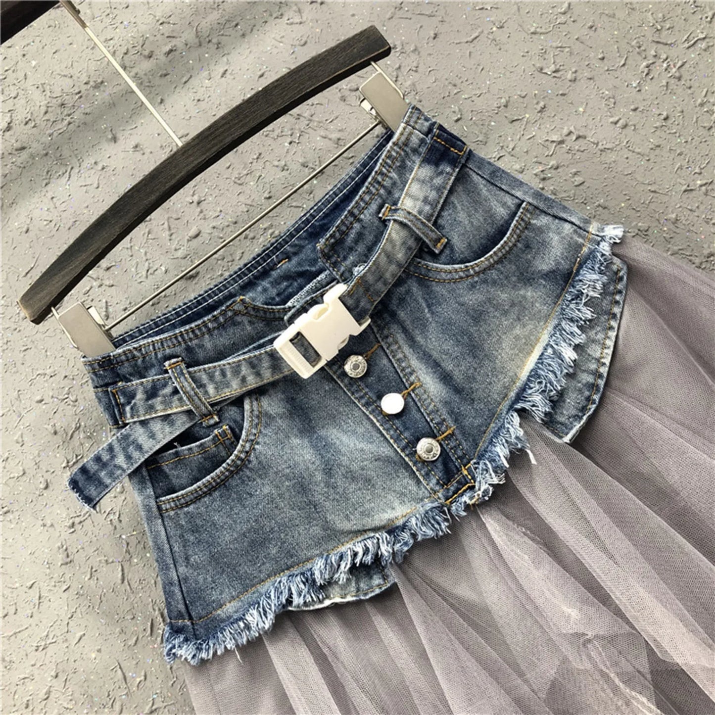Punk Women Denim Skirts Mesh Patchwork Jean Skirt Y2K High Waist A Line Asymmetric Tulle Skirts Pleated Gothic Chic