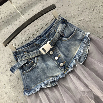 Punk Women Denim Skirts Mesh Patchwork Jean Skirt Y2K High Waist A Line Asymmetric Tulle Skirts Pleated Gothic Chic