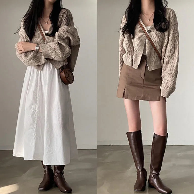 Fall Autumn and Winter New Women's Clothing Retro V-neck Twist Design Long-sleeved Short Knitted Cardigan Sweater Jacket