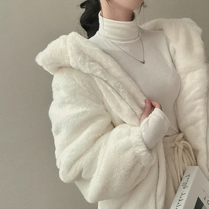 Winter Women Fur Coat Zipper Loose Hoodies Over Coat Thick Warm Plus Size Female Plush Casual Coats