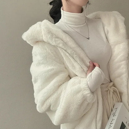 Winter Women Fur Coat Zipper Loose Hoodies Over Coat Thick Warm Plus Size Female Plush Casual Coats