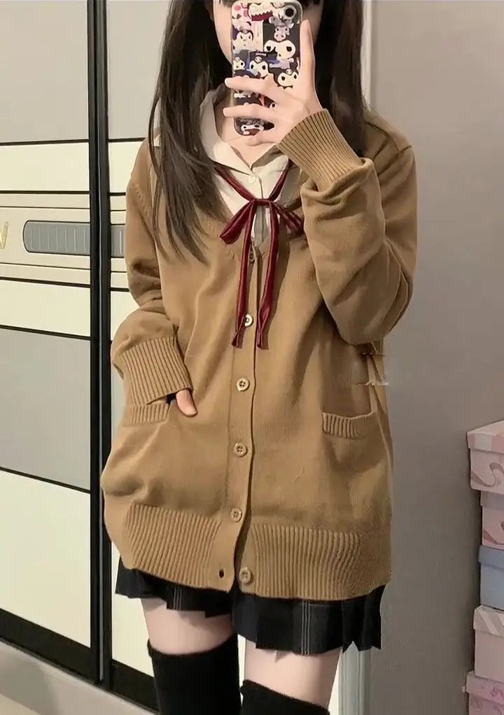 Cardigans Women Button-up Japan Style Students Long Sleeve Knitted Sweaters Loose All-match Autumn Winter Solid Color Pockets