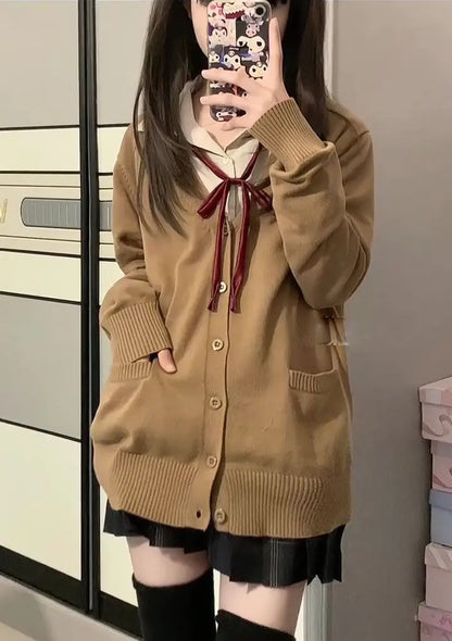 Cardigans Women Button-up Japan Style Students Long Sleeve Knitted Sweaters Loose All-match Autumn Winter Solid Color Pockets