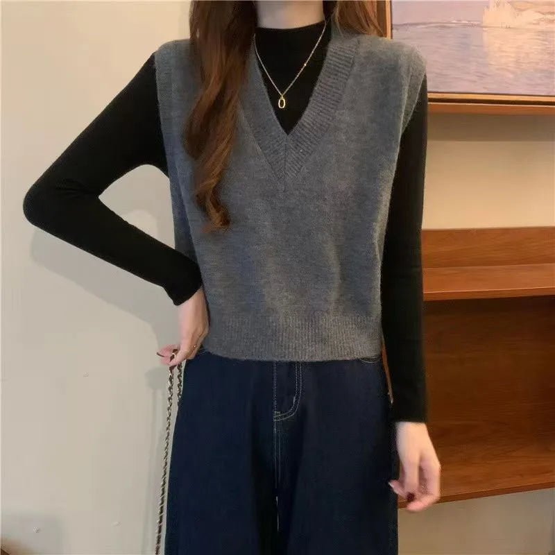 Xpqbb Spring Autumn New V-neck Knitted Vest Women Vintage Sleeveless Sweater Waistcoat Female Korean Chic Cropped Knit Tops
