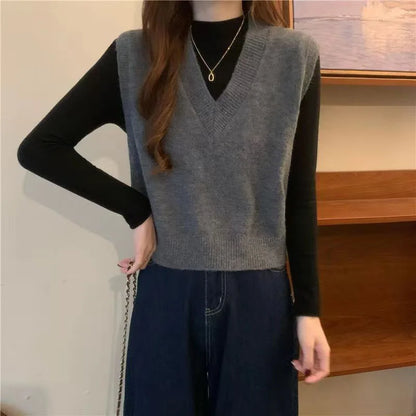 Xpqbb Spring Autumn New V-neck Knitted Vest Women Vintage Sleeveless Sweater Waistcoat Female Korean Chic Cropped Knit Tops