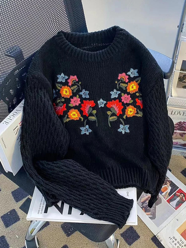 Harajuku Knitted Cashmere Top Women Classical Embroidery Floral Pullovers Sleeve Autumn Winter Sweater Korean Oversized Tops Y2K