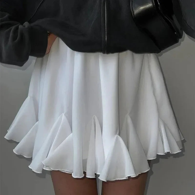 Talenza Women's White Mini Skirt A Line High Waist Sexy Cute Ruffle Retro Tennis Skirt Black Elastic Waist Short Skirt Summer