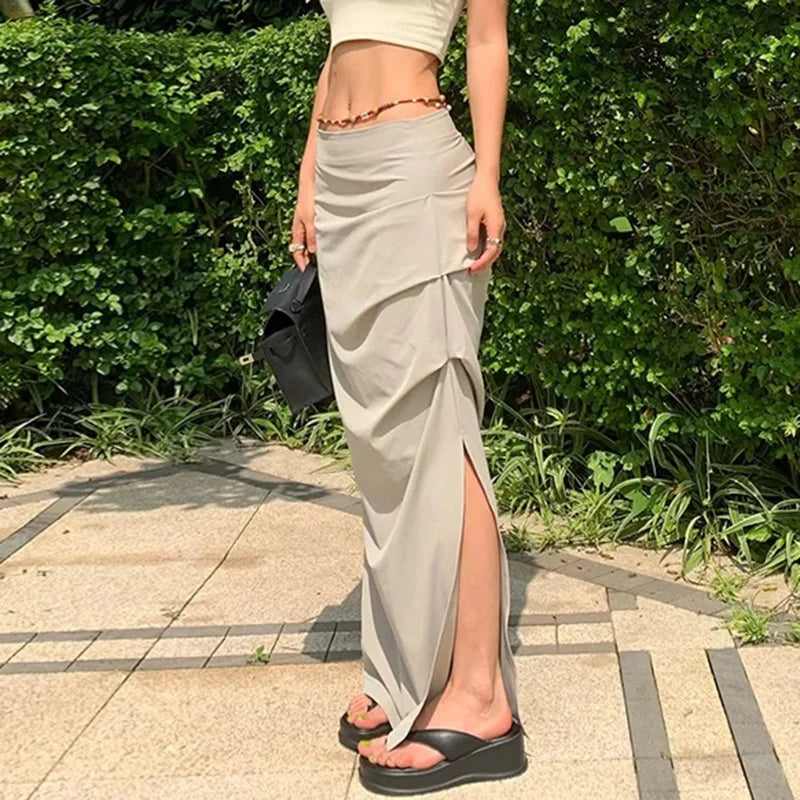 High Waist Pleated Skirt for Women Korean Fashion Streetwear Sexy Slit Midi Skirt Y2K Loose Hip Hop All-Match Female Cargo Skirt