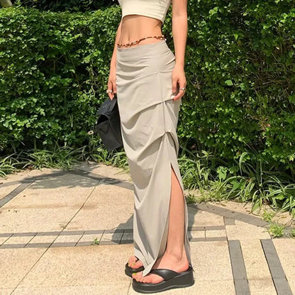 High Waist Pleated Skirt for Women Korean Fashion Streetwear Sexy Slit Midi Skirt Y2K Loose Hip Hop All-Match Female Cargo Skirt