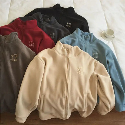 Autumn Winter Fleece Zipper Sweatshirt Jacket Women Clothing Embroidery Coats Warm Long Sleeve Cardigan Sport Outdoor Sweatshirt