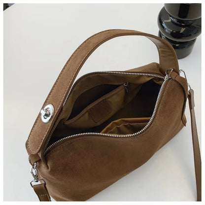 New Fashion Simple Fall Winter Spacious Boston Tote Bag Soft Matte Suede Design Women's Large Capacity Portable Hand Strap Bag