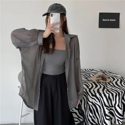 Oversized Shirt for Women Black White Thin Chiffon Collared Long Sleeve Button-Up Shirt Blouse Female Teen-girl Beach Cover Up