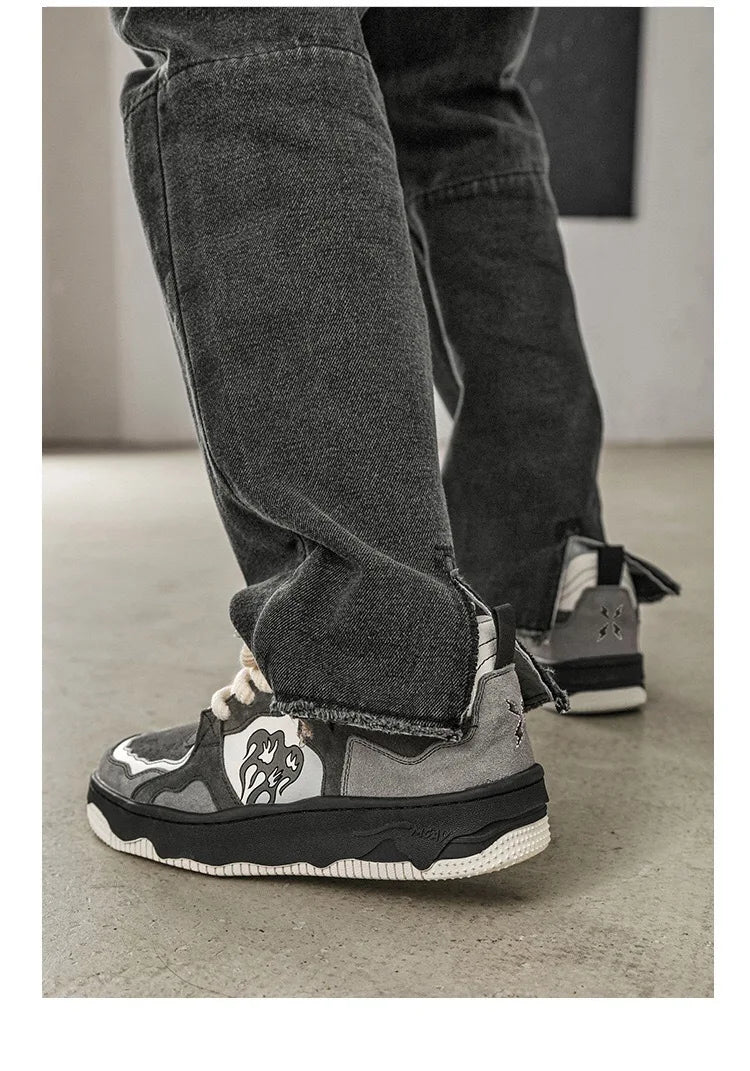 Women Sneakers Fahsion Design Flame Mixed Color Shoes Femme Sports Leisure Versatile Fashion Shoes Retro Trend Shoes Gray Tenis