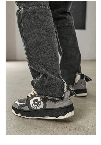 Women Sneakers Fahsion Design Flame Mixed Color Shoes Femme Sports Leisure Versatile Fashion Shoes Retro Trend Shoes Gray Tenis