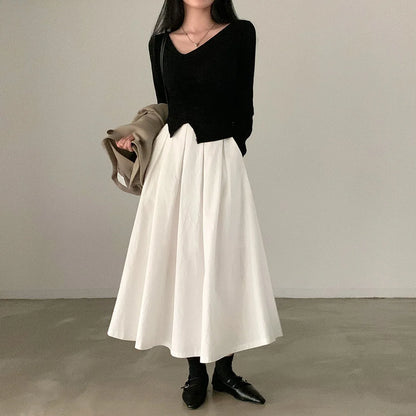 2024 Women Elegant White Long Skirts High Waist A-Line Cotton Maxi Skirts Women Casual Skirts
