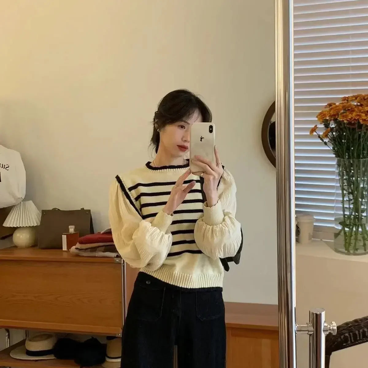 2025 Women Black and White Striped Fake Two-Piece Knitted Sweaters Autumn Winter Korean Soft Glutinous Pullover Sweater Female