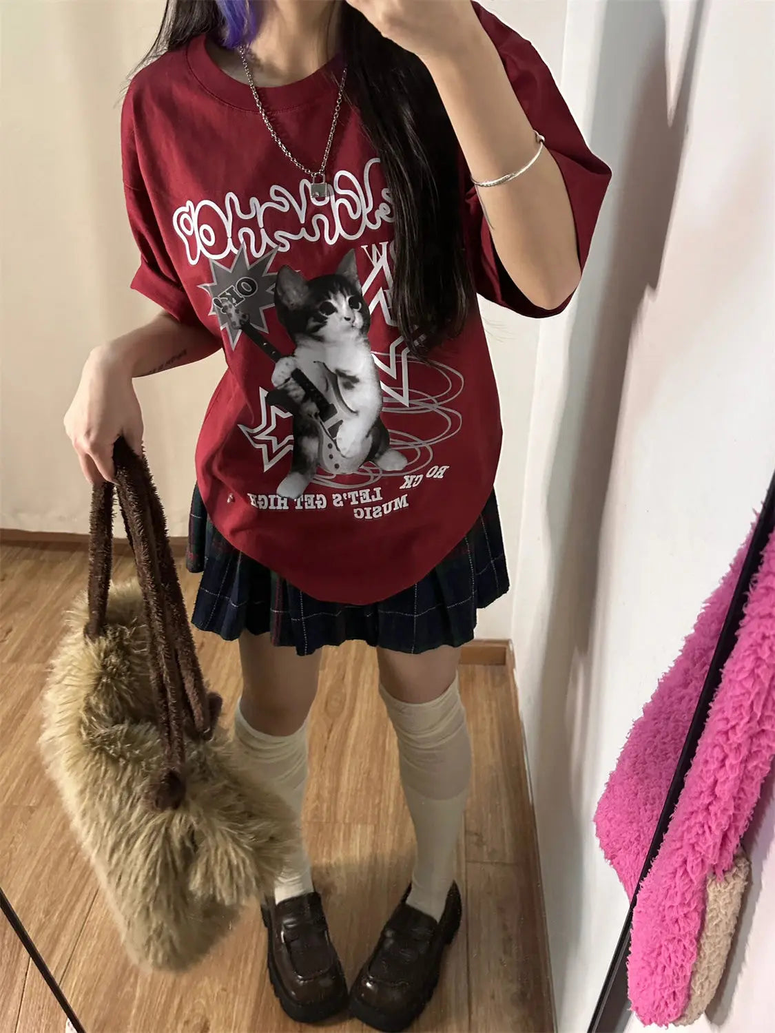 Kawaii Cat Printed Red T-shirts Women Harajuku Oversized Punk Style Tops Cute Graphic Short Sleeve Tees Cotton Casual
