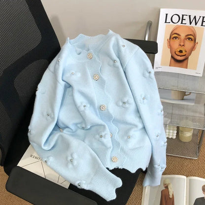 White Socialite Style Embroidery Knitted Cardigan 2024 Early Autumn Top Floral Sweater Jacket Spring Wardrobe New Match Women's