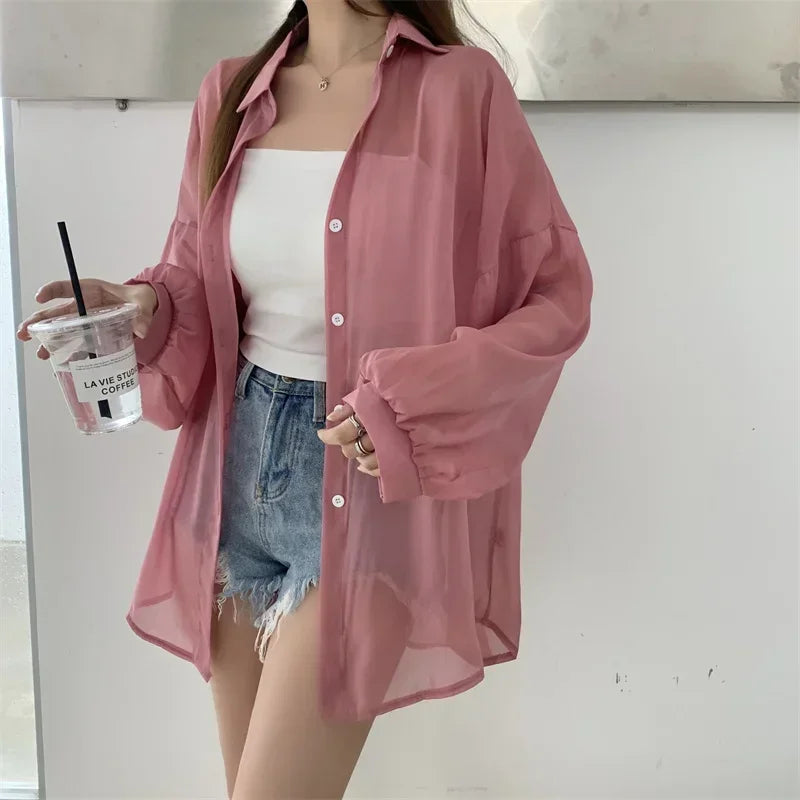 Oversized Shirt for Women Black White Thin Chiffon Collared Long Sleeve Button-Up Shirt Blouse Female Teen-girl Beach Cover Up