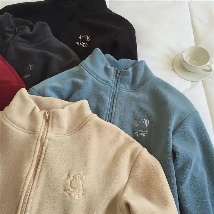 Autumn Winter Fleece Zipper Sweatshirt Jacket Women Clothing Embroidery Coats Warm Long Sleeve Cardigan Sport Outdoor Sweatshirt
