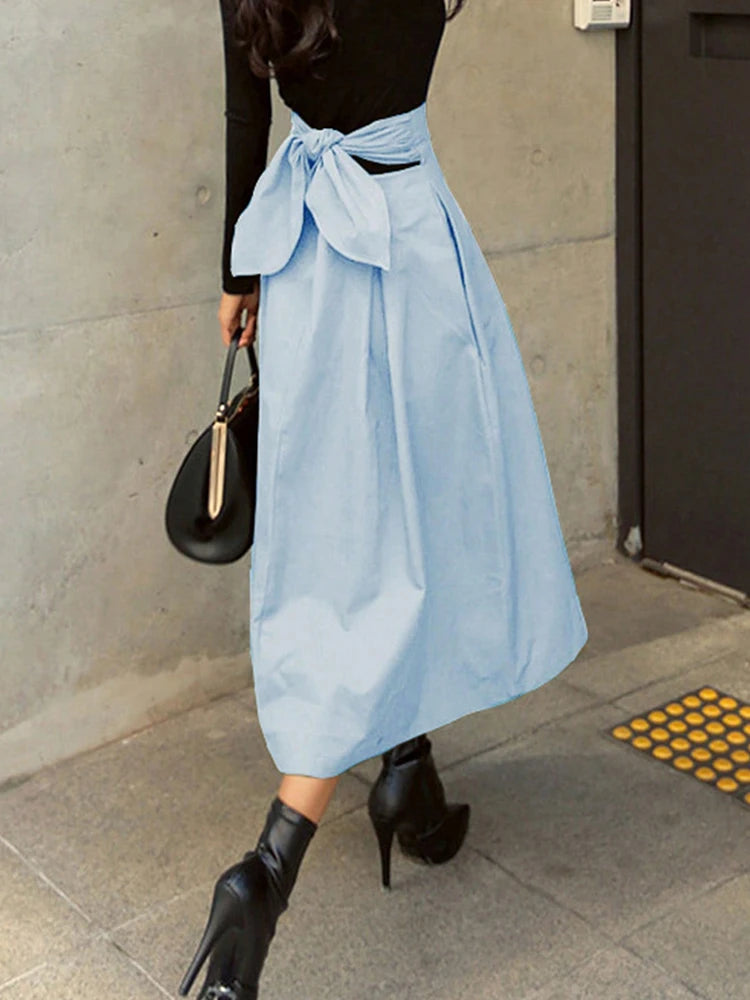 Stylish Solid A-line Skirts for Women Preppy School Style High Elastic Waist Long Skirt With Bow Woman Clothing Women's Skirts